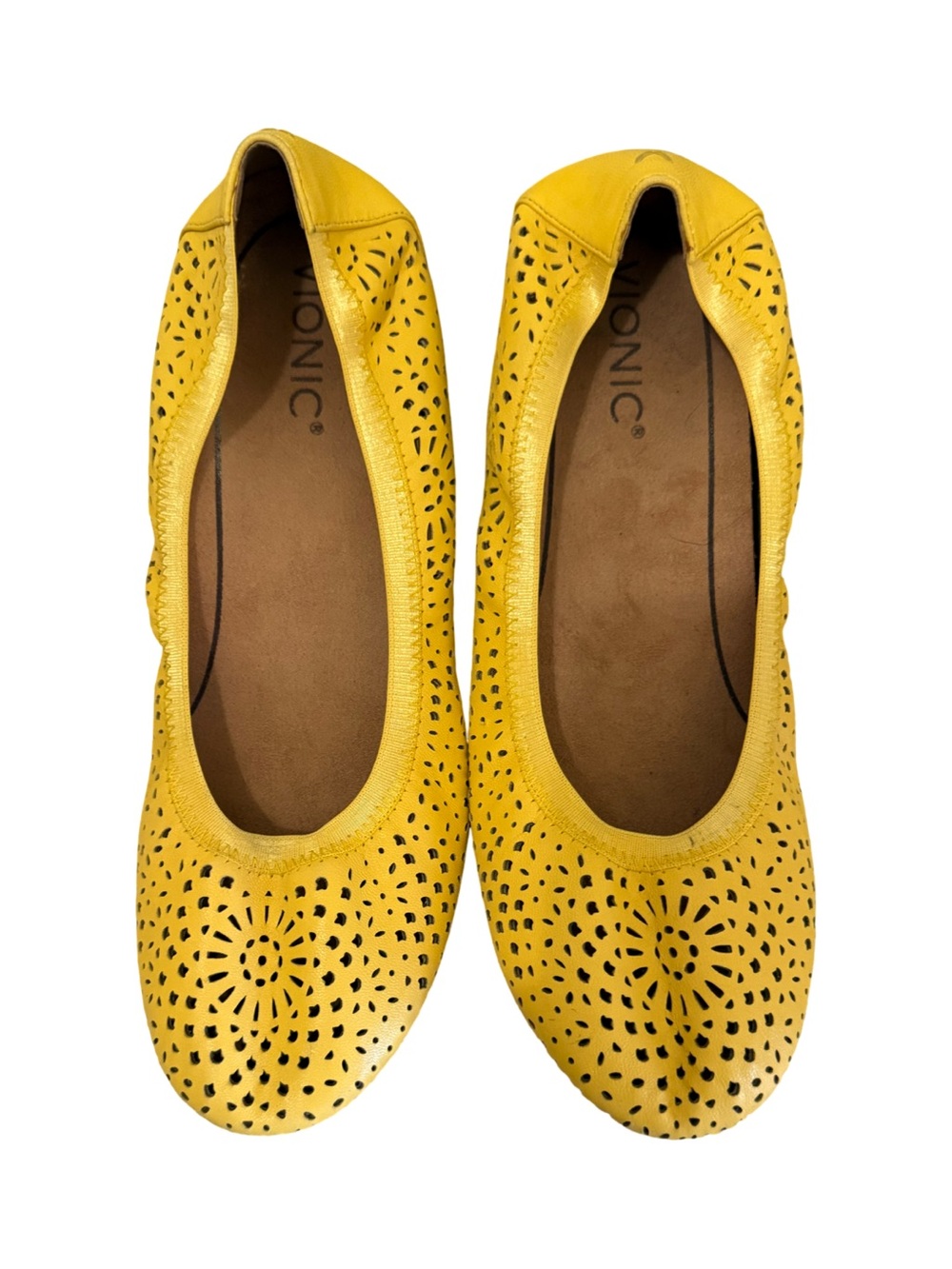 Vionic Yellow Laser-Cut Leather Ballet Flats